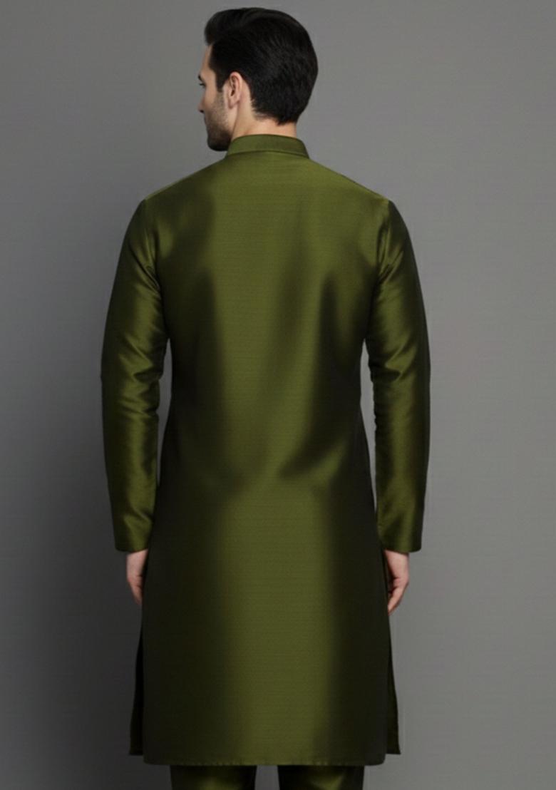 Mehendi Embroidery Silk Kurta For Men - Indya