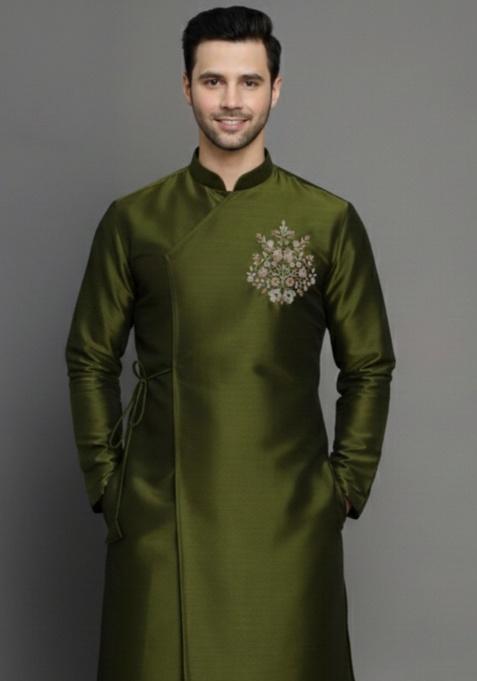 Mehendi Embroidery Silk Blend Kurta For Men