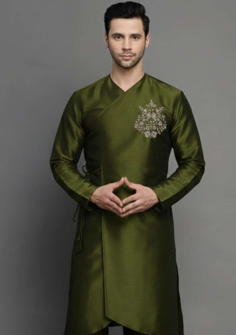 Mehendi Embroidery Silk Blend Kurta For Men - Indya