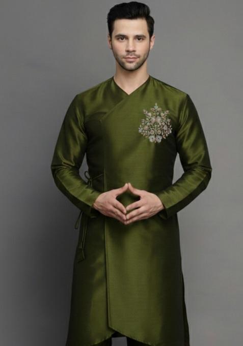 Mehendi Embroidery Silk Blend Kurta For Men