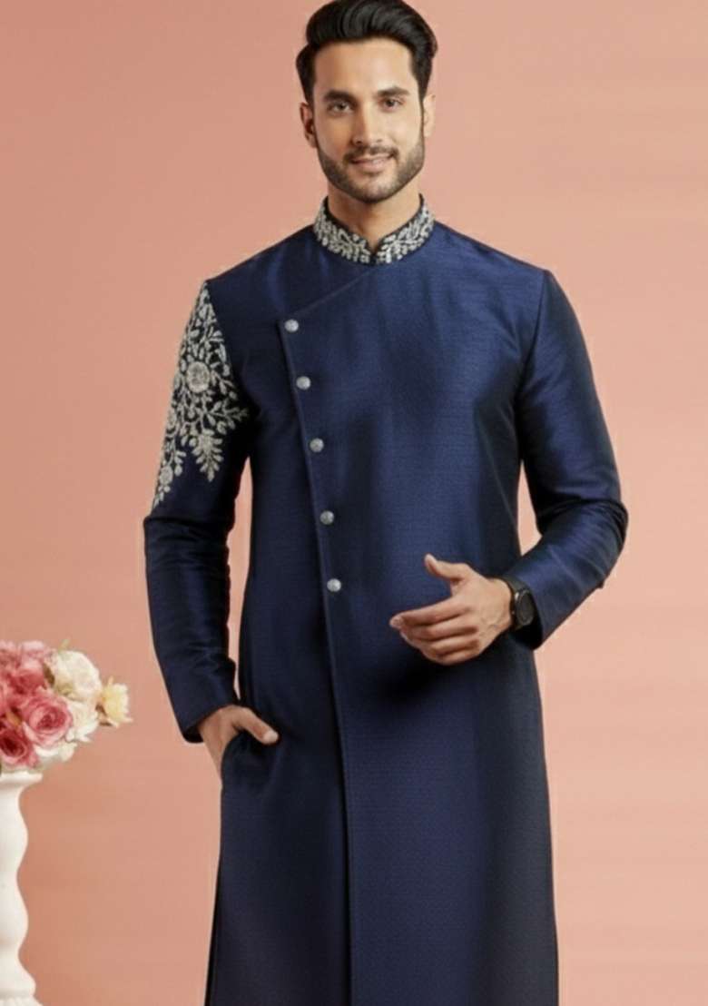 Navy Blue Embroidery Silk Blend Kurta For Men - Indya