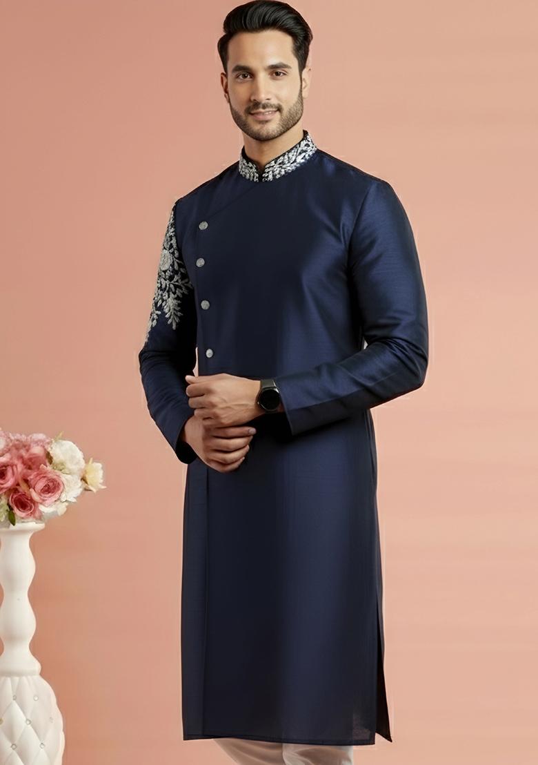 Navy Blue Embroidery Silk Kurta For Men - Indya