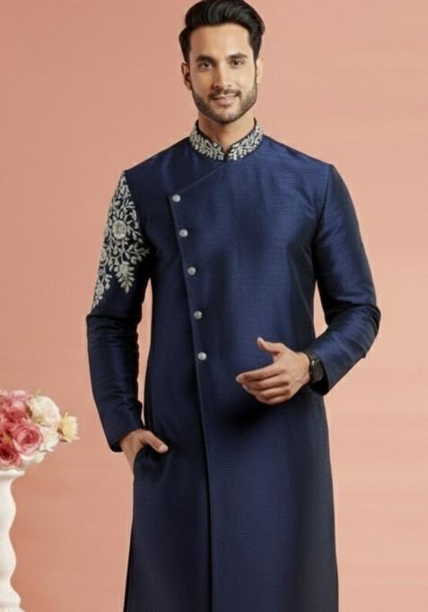 Navy Blue Embroidery Silk Kurta For Men