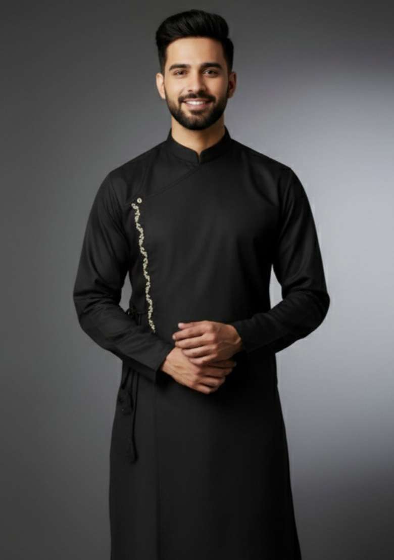 Black Embroidery Cotton Kurta For Men - Indya