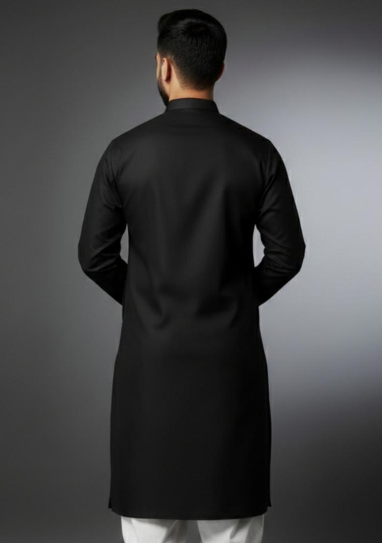 Black Embroidery Cotton Kurta For Men - Indya