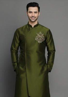 Mehendi Embroidery Silk Kurta For Men