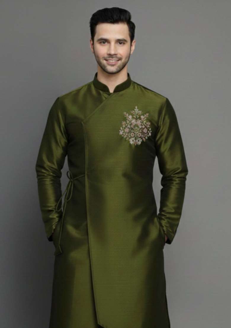 Mehendi Embroidery Silk Blend Kurta For Men - Indya