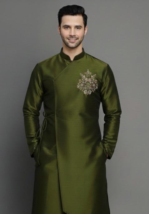 Mehendi Embroidery Silk Blend Kurta For Men