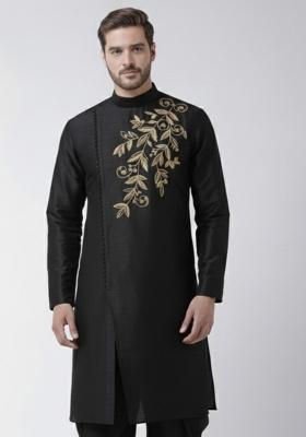Black Embroidery Silk Kurta For Men