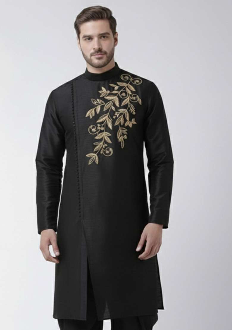 Black Embroidery Silk Blend Kurta For Men - Indya
