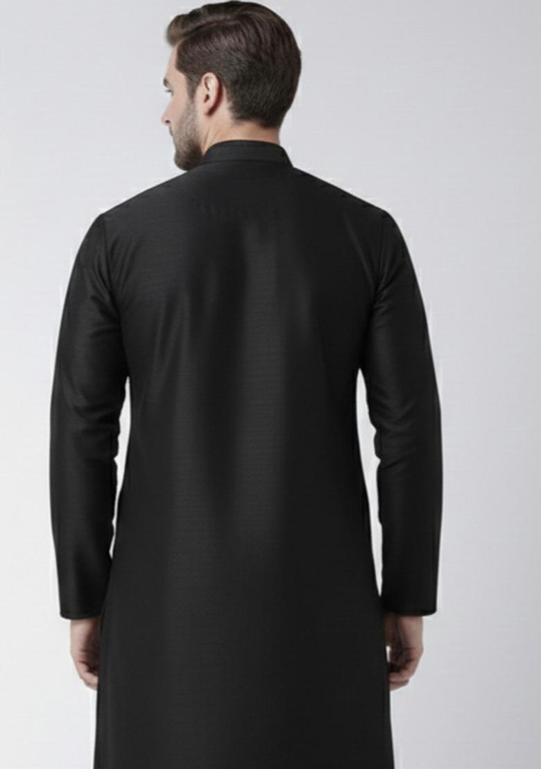 Black Embroidery Silk Kurta For Men - Indya