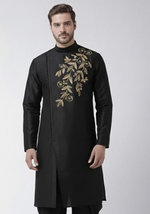Black Embroidery Silk Kurta For Men