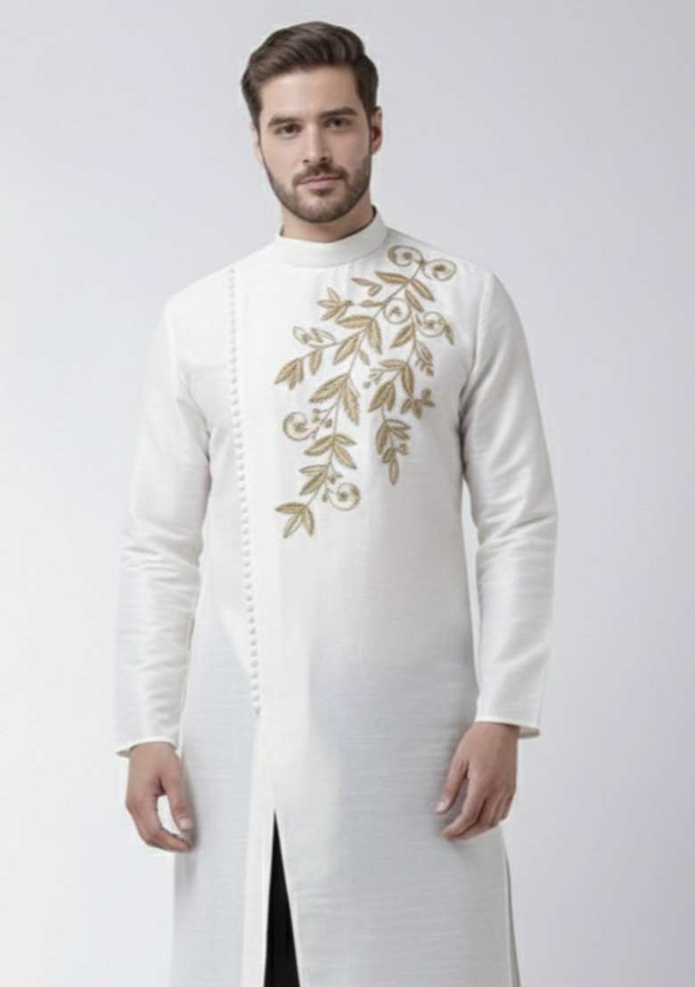 White Embroidery Silk Blend Kurta For Men - Indya