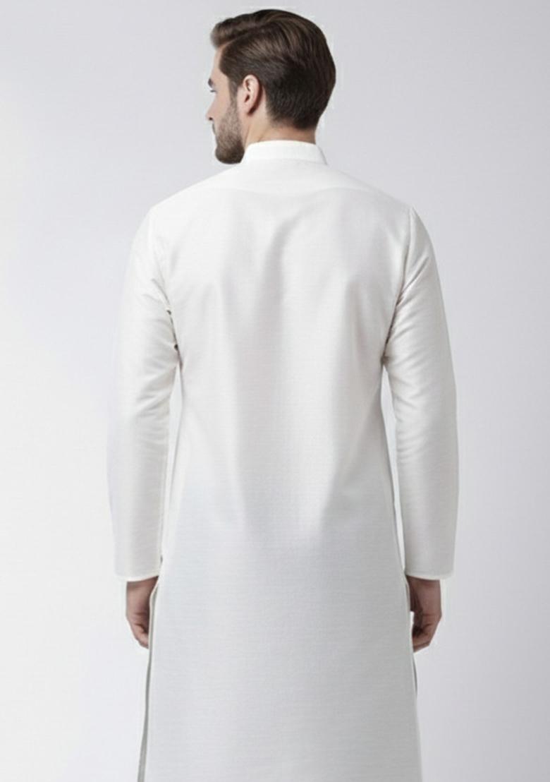 White Embroidery Silk Kurta For Men - Indya