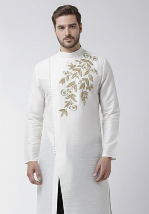 White Embroidery Silk Kurta For Men