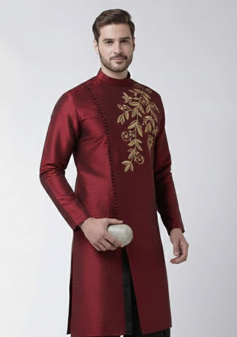 Maroon Embroidery Silk Blend Kurta For Men - Indya