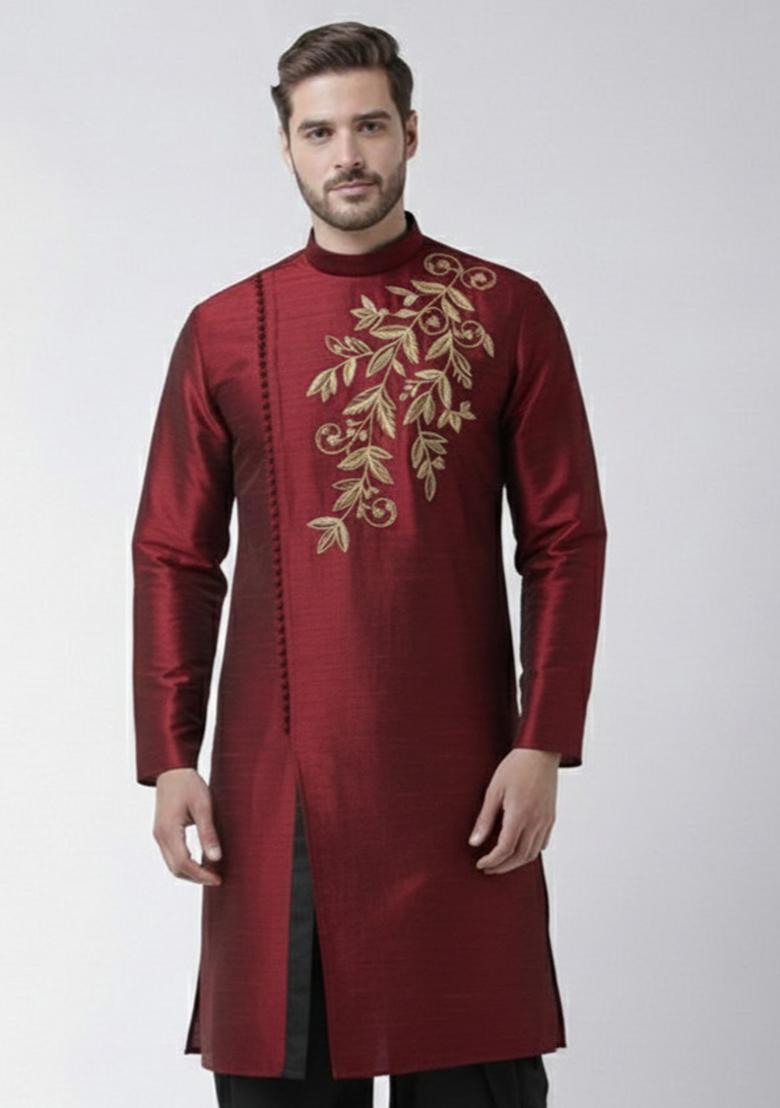 Maroon Embroidery Silk Kurta For Men - Indya