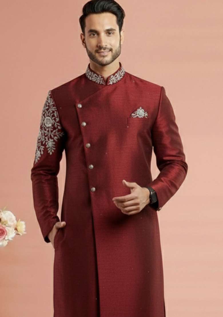Maroon Embroidery Silk Blend Kurta For Men - Indya