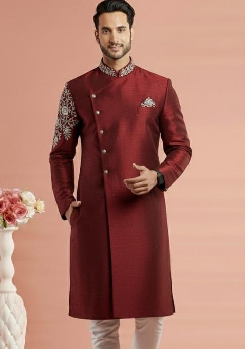 Maroon Embroidery Silk Kurta For Men