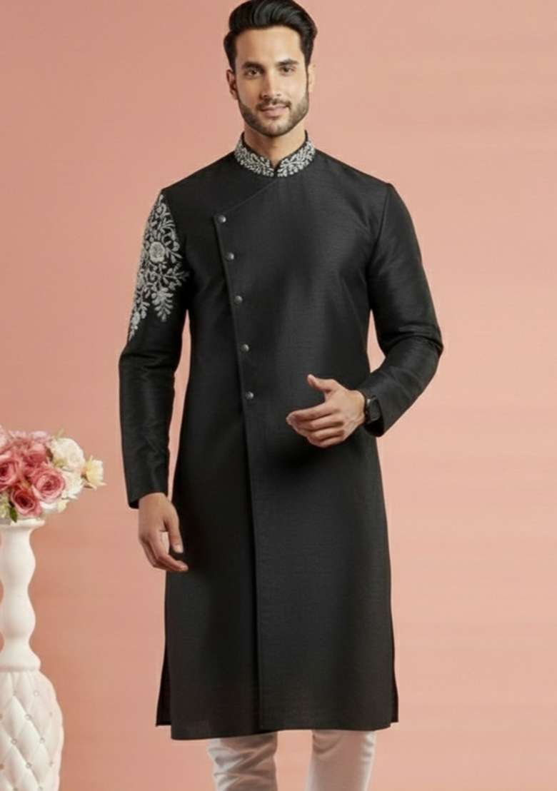 Black Embroidery Silk Blend Kurta For Men - Indya