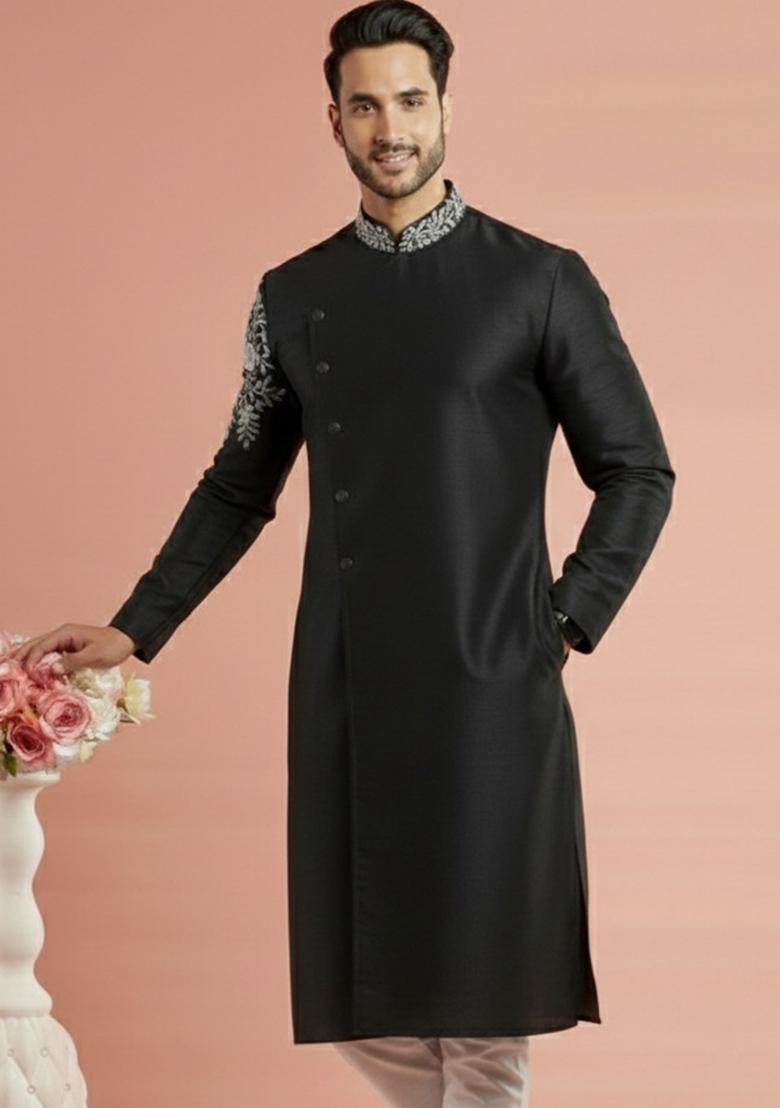 Black Embroidery Silk Kurta For Men - Indya