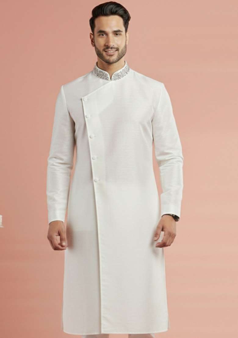 White Embroidery Silk Blend Kurta For Men - Indya