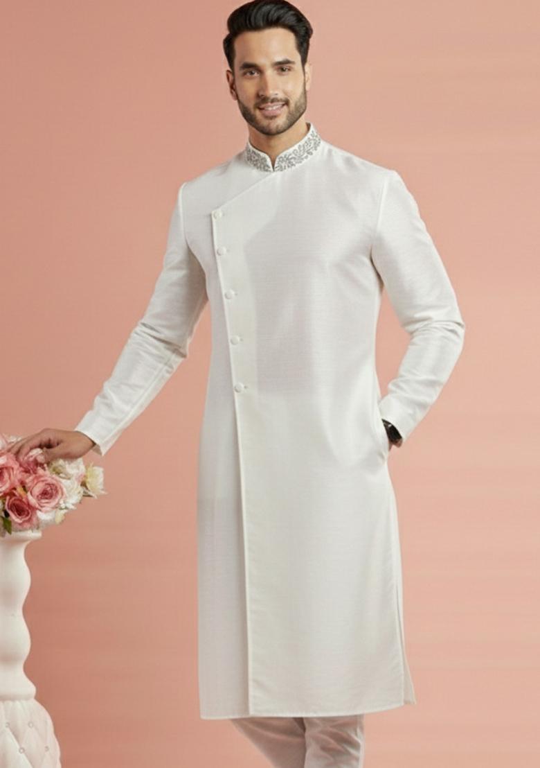 White Embroidery Silk Kurta For Men - Indya