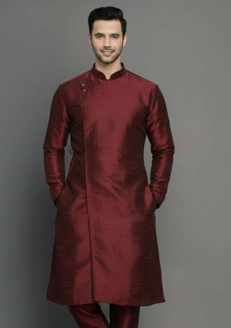 Maroon Embroidery Silk Blend Kurta For Men - Indya