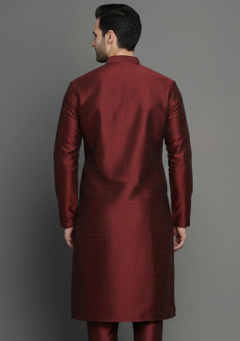 Maroon Embroidery Silk Kurta For Men - Indya
