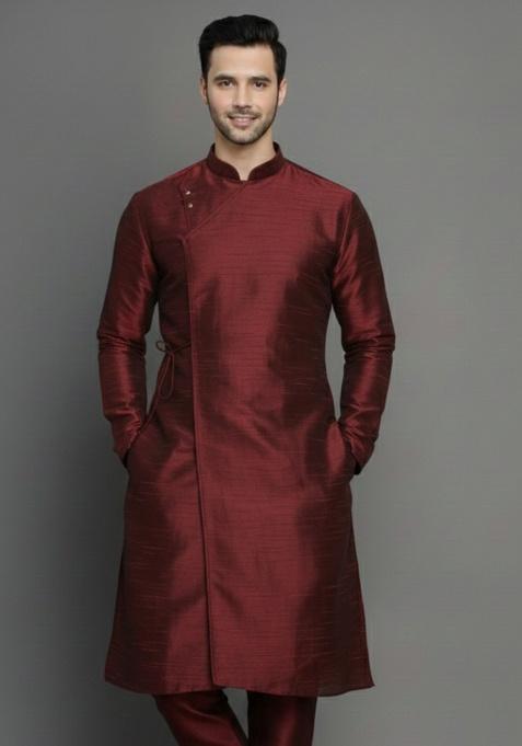 Maroon Embroidery Silk Kurta For Men