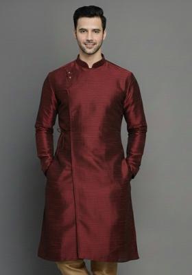 Maroon Embroidery Silk Kurta For Men