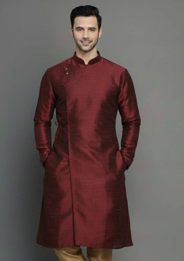 Maroon Embroidery Silk Blend Kurta For Men - Indya