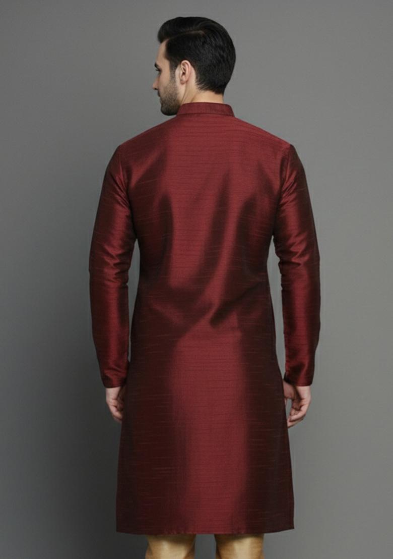 Maroon Embroidery Silk Kurta For Men - Indya