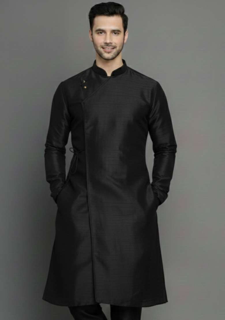 Black Embroidery Silk Blend Kurta For Men - Indya