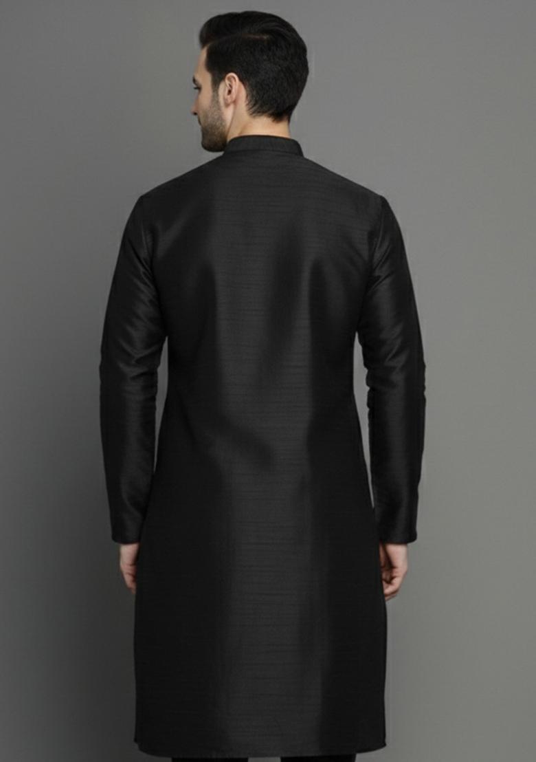 Black Embroidery Silk Kurta For Men - Indya