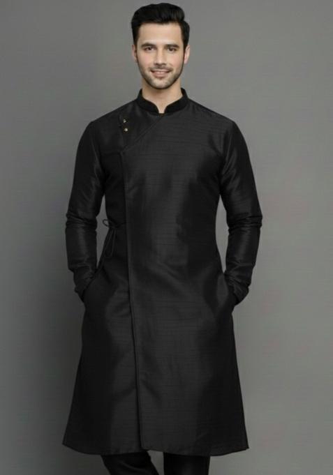 Black Embroidery Silk Kurta For Men