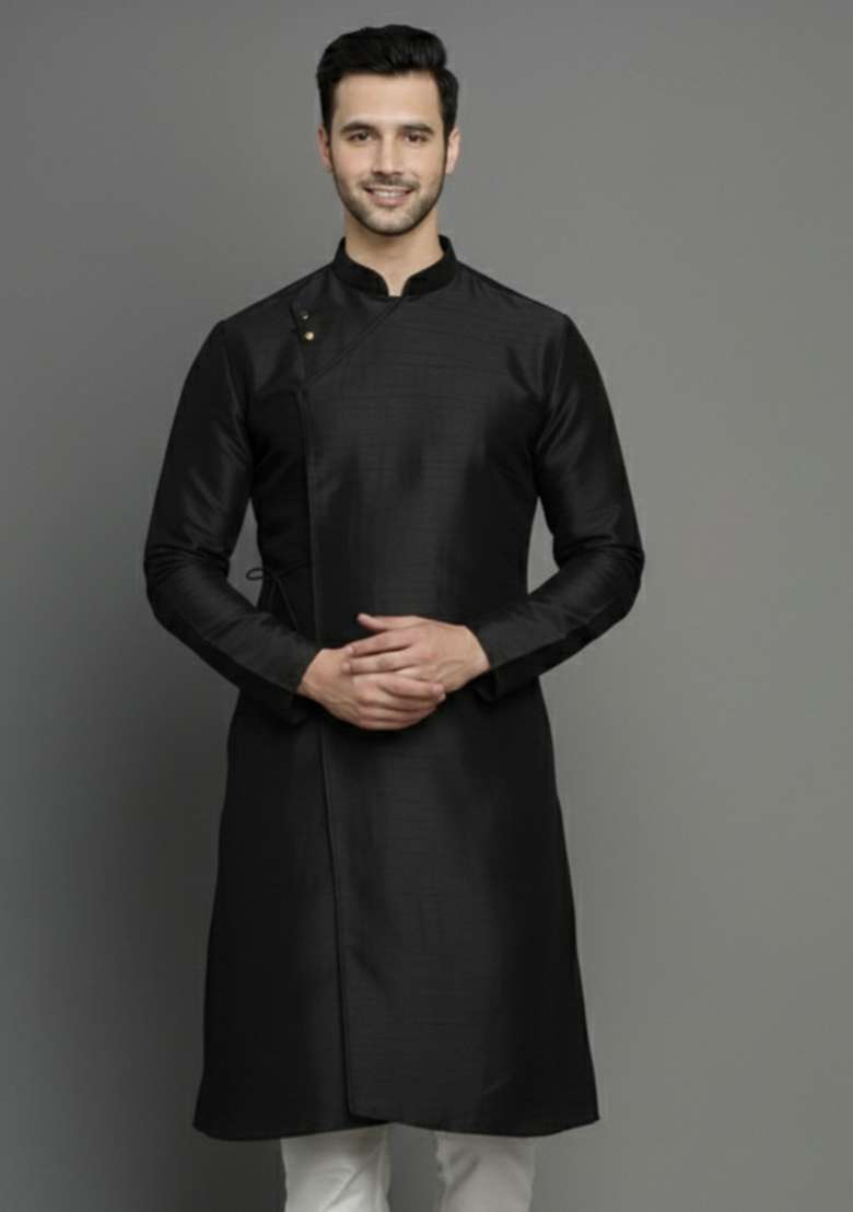 Black Embroidery Silk Blend Kurta For Men - Indya