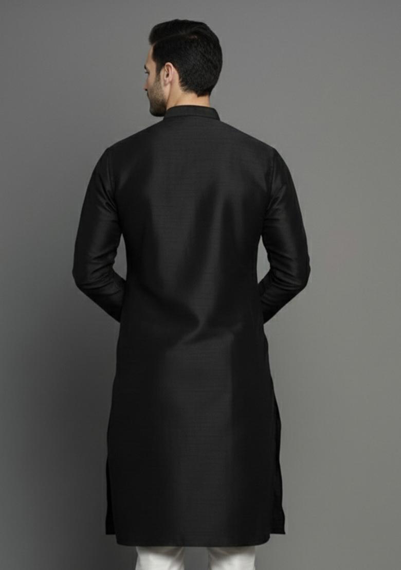 Black Embroidery Silk Kurta For Men - Indya