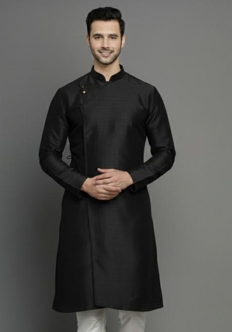 Black Embroidery Silk Kurta For Men