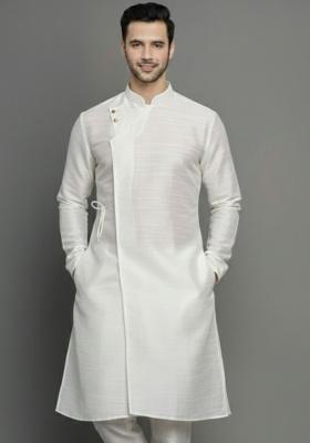 White Embroidery Silk Kurta For Men