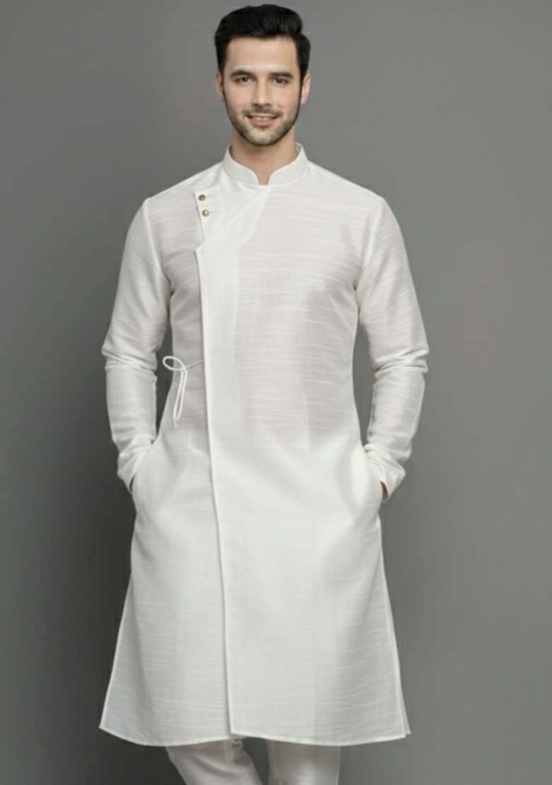 White Embroidery Silk Blend Kurta For Men - Indya