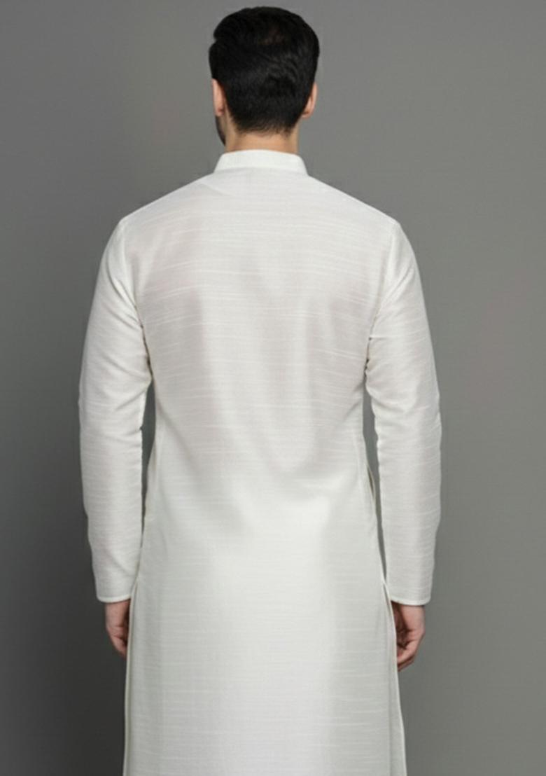 White Embroidery Silk Kurta For Men - Indya