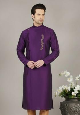 Purple Embroidery Silk Kurta For Men