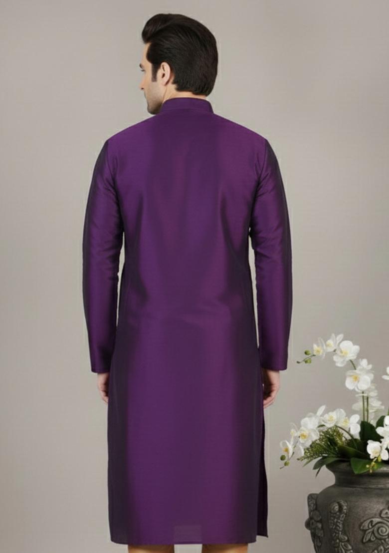 Purple Embroidery Silk Kurta For Men - Indya