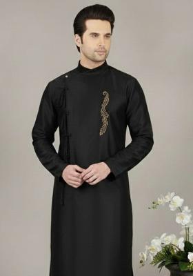 Black Embroidery Silk Kurta For Men