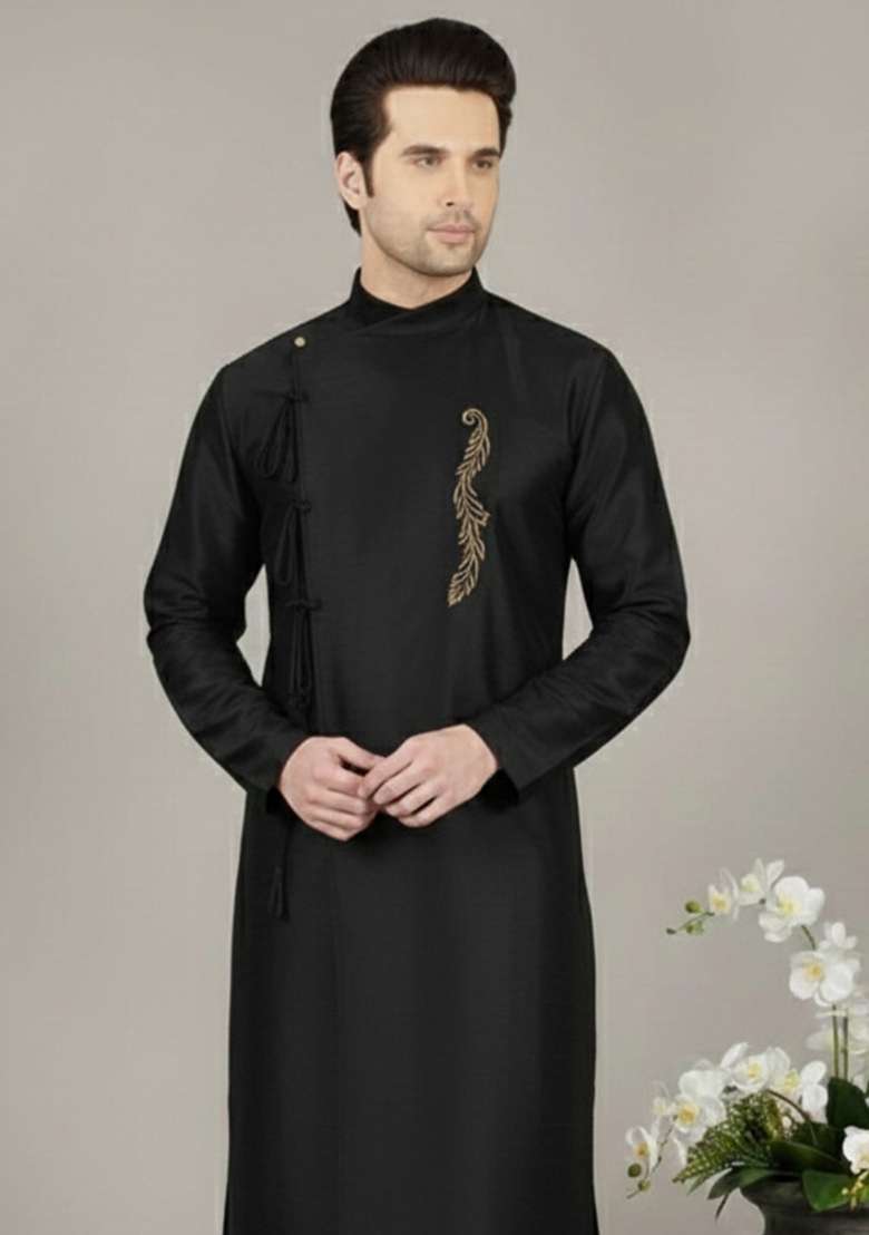 Black Embroidery Silk Blend Kurta For Men - Indya