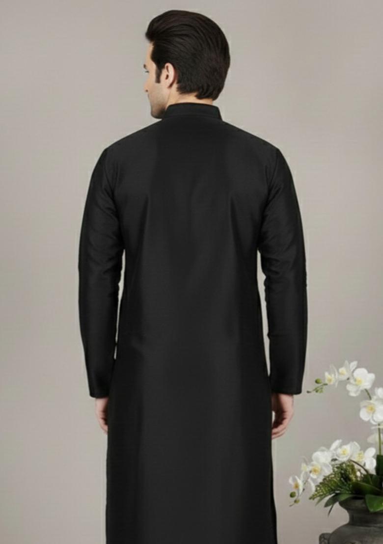 Black Embroidery Silk Kurta For Men - Indya