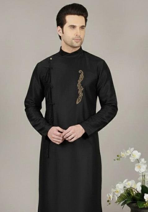 Black Embroidery Silk Kurta For Men