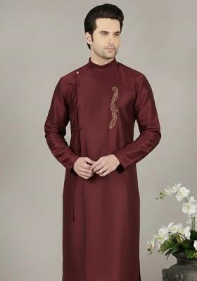Maroon Embroidery Silk Kurta For Men