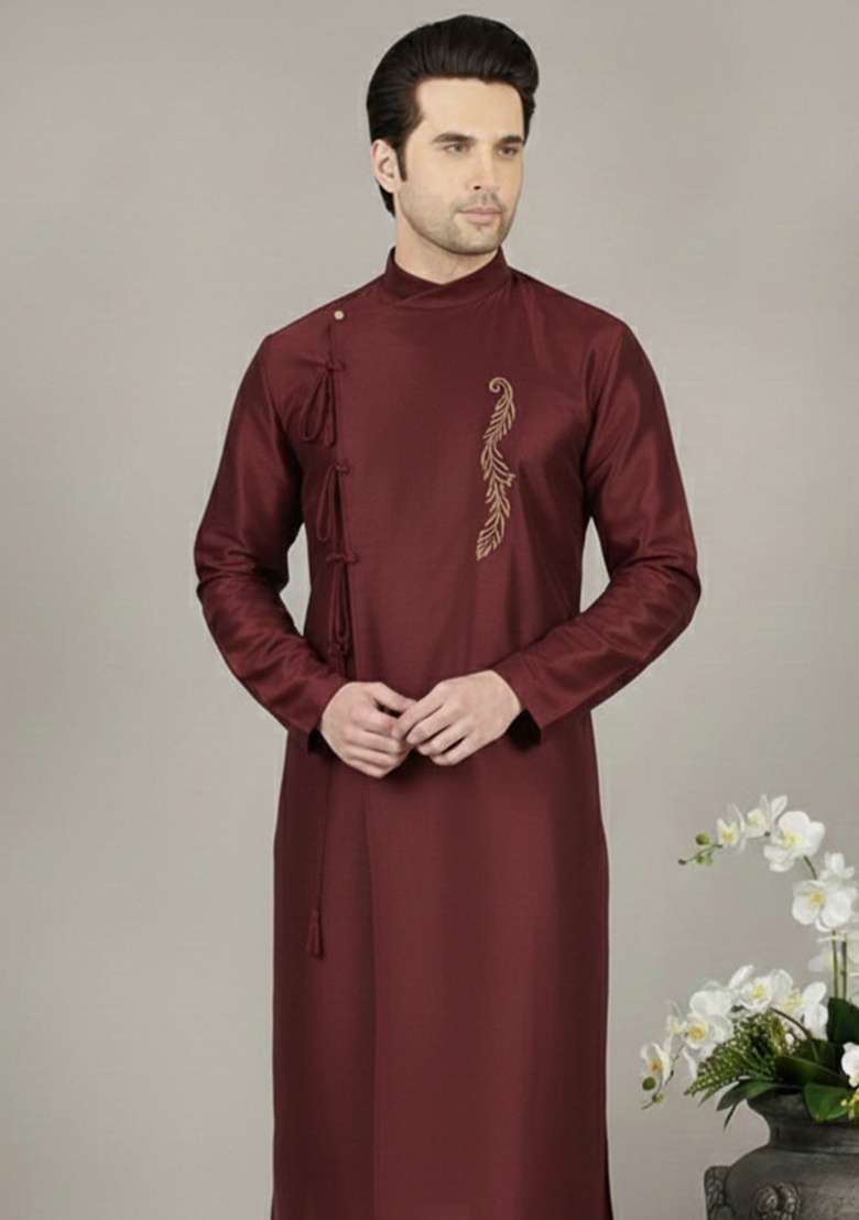 Maroon Embroidery Silk Blend Kurta For Men - Indya